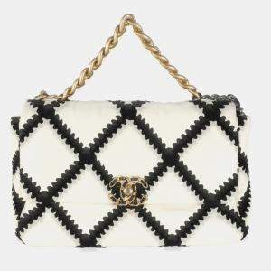 Chanel Black White Calfskin Crochet Medium Chanel 19 Flap Bag