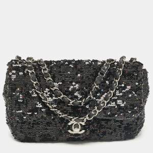 Chanel Black Leather and Sequins Classic Single Flap Flap Bag