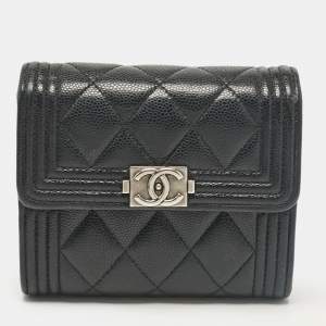 Chanel Black Caviar Quilted Leather Boy Trifold Wallet