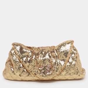 Pre Owned Chanel Gold Quilted Sequins Half Moon Clutch