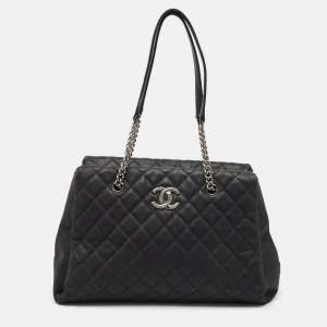 Pre Owned Chanel Black Quilted Matte Caviar Leather Lady Pearly Tote