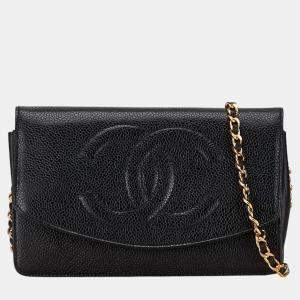 Chanel Black Caviar Skin Leather Coco Mark Chain Wallet