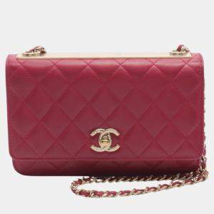 Chanel Red Lambskin Matelasse Chain Wallet