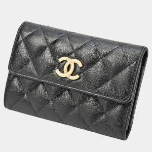 Chanel Black Gold Caviar Skin Matelasse Medium Flap Wallet