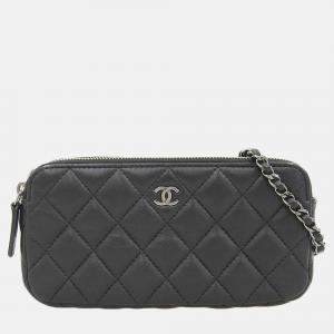 Chanel Black Leather Quilted Double Zip Clutch with Chain