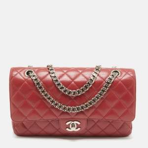 Pre Owned Chanel Red Caviar Leather Medium Classic Double Flap Bag