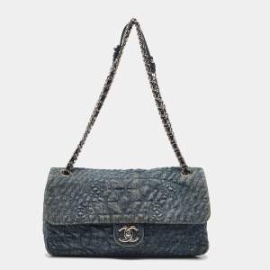 Chanel Blue Quilted Denim CC Camelia Embroidered Flap Bag