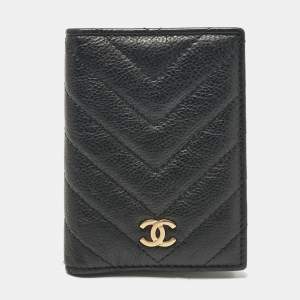 Chanel Black Chevron Quilted Leather CC Card Holder