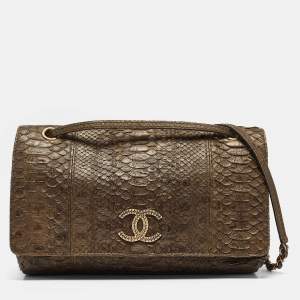 Pre Owned Chanel Olive Green Python Paris-Byzance Flap Bag 