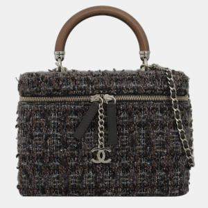 Chanel Multicolor/ Brown Tweed Vanity Case Wood Handle Bag