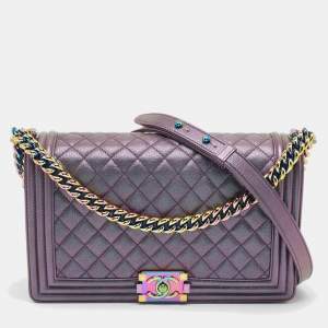 Pre Owned Chanel Purple Iridescent Quilted Leather New Medium Boy Flap Bag