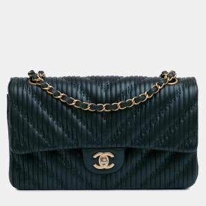 Pre Owned Chanel Blue Pleated Calfskin Medium Double Flap Bag