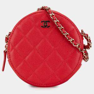 Chanel Red Caviar Leather Quilted Round Clutch With Chain