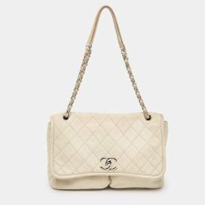 Pre Owned Chanel Light Beige Nubuck Leather Split Pocket Flap Bag