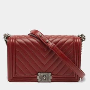 Chanel Dark Red Chevron Leather New Medium Boy Bag