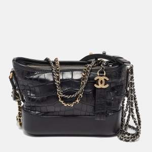 Chanel Black Leather and Crocodile CC Gabrielle Small Hobo