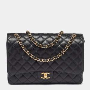 Chanel Black Caviar Quilted Leather Jumbo Classic Double Flap Bag