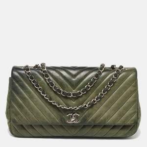 Pre Owned Chanel Green Leather Surpique Chevron Large Flap Bag
