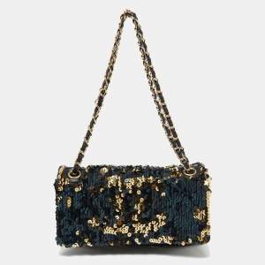 Pre Owned Chanel Navy Blue/Gold Sequins Summer Night Flap Bag