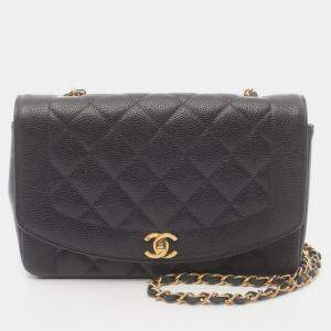 Chanel Black Caviar Skin (Grained Calf) Matelasse Diana Flap Shoulder Bag