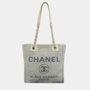 Chanel Light Blue Canvas Deauville Tote PM Coco Mark Bag