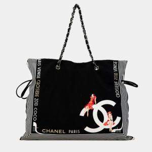 Chanel Black White Canvas Cruise Line Chain Tote Bag