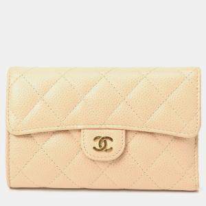 Chanel Beige Caviar Skin Matelasse Medium Flap Wallet