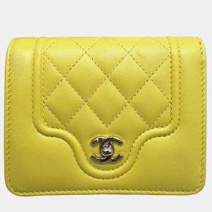 Chanel Yellow Pink Lambskin Leather Matelasse Mademoiselle Small Flap Tri-fold  Wallet