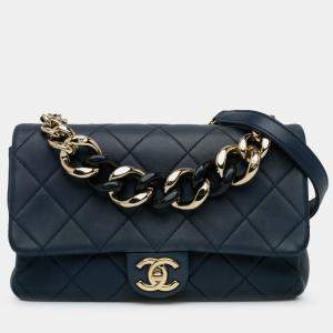 Chanel Navy Blue Small Lambskin Elegant Chain Single Flap Bag