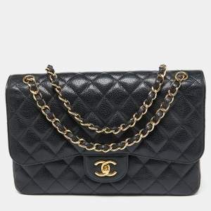 Pre Owned Chanel Black Caviar Quilted Leather Large Classic Double Flap Bag