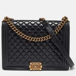 Pre Owned Chanel Black Quilted Leather Large Boy Flap Bag