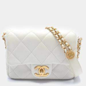 Chanel White Caviar Skin (Grained Calf) Matelasse Shoulder Bag