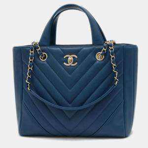 Chanel Blue Leather Chevron V-stitch Tote Bag