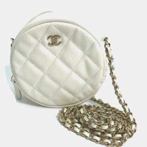 Pre Owned Chanel White Gold CC Mark Round Chain Bag