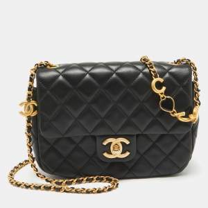 Pre Owned Chanel Black Quilted Leather Small Coco Hearts Square Flap Bag