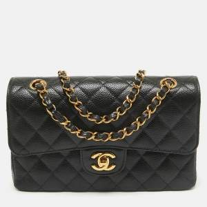 Pre Owned Chanel Black Quilted Caviar Leather Small Classic Double Flap Bag