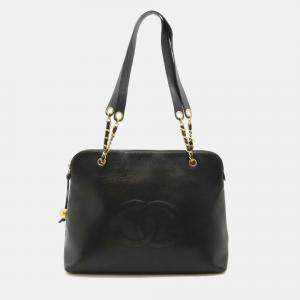 Chanel Black Caviar Skin Leather Coco Mark Ball Chain Large Tote Bag