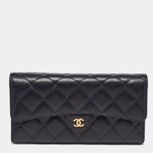 Chanel Black Caviar Quilted Leather Classic Long Flap Wallet
