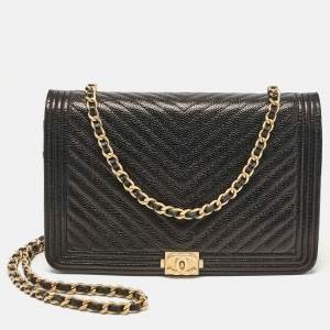 Chanel Black Chevron Caviar Leather Boy Wallet On Chain