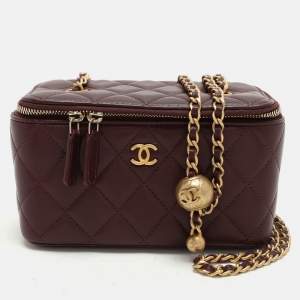 Pre Owned Chanel Burgundy Quilted Leather Vanity Case Bag