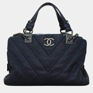 Chanel Blue Calfskin Leather Double Stitch CC Chevron 2-Way Tote Bag 