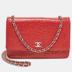 Chanel Red Leather Camellia Wallet On Chain