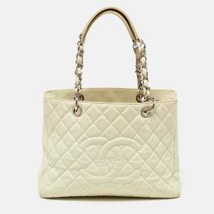 Chanel Cream Quilted Caviar Leather CC GST Tote