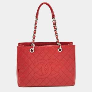 Chanel Red Quilted Caviar Leather Grand Shopper Tote