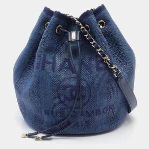 Chanel Blue Navy Leather Straw Deauville Shoulder Bag