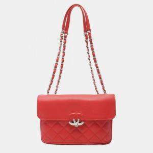 Chanel Red Leather Matelasse Half Coco Shoulder Bag