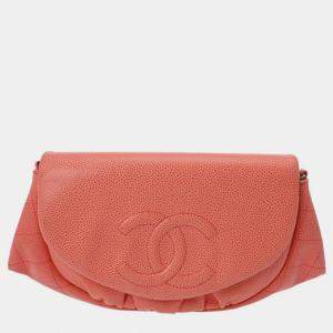 Chanel Orange Caviar Skin Half Moon Chain Wallet