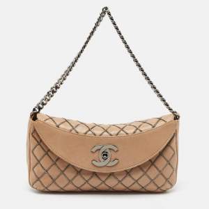 Pre Owned Chanel Beige Chain Stitch Lambskin Leather Shoulder Bag
