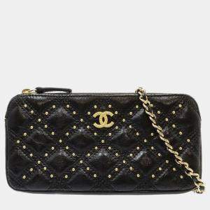 Chanel Black Lambskin Matelasse Coco Mark Wallet Chain Studs