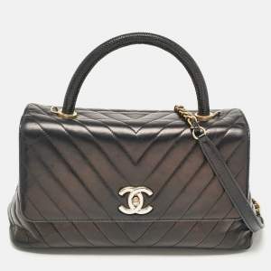 Chanel Black Chevron Leather Small Coco Top Handle Bag